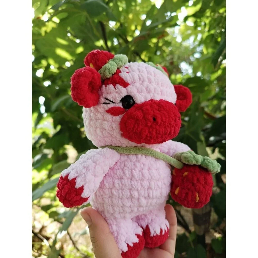 Cute Strawberry Cow Plush Toy Handmade Crochet Cow with Strawberry Horns